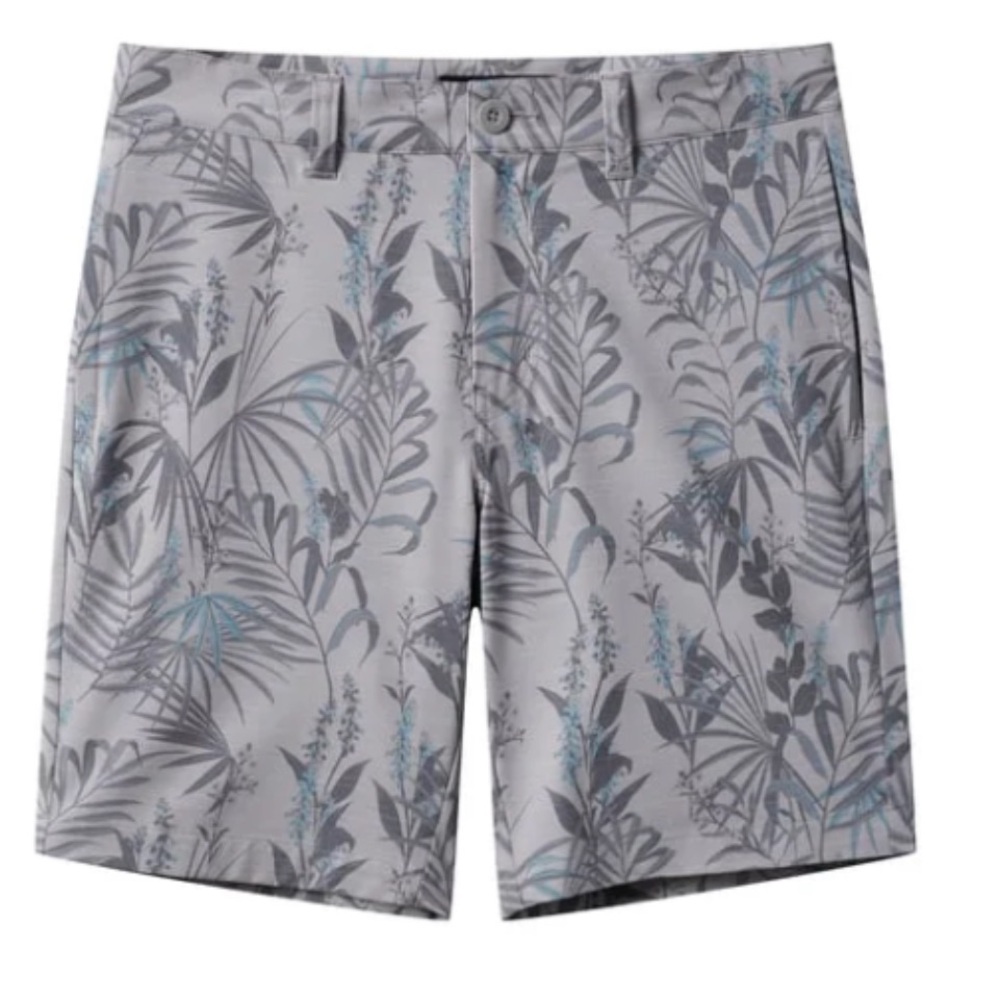 NWT Travis Mathew Gray and Blue Flat Front Shorts with Tropical Print 8” Inseam
